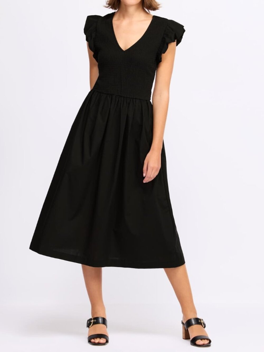 Steve Madden Black V-Neck Smocked Bodice Midi Dress with Ruffle Cap Sleeves Sz S